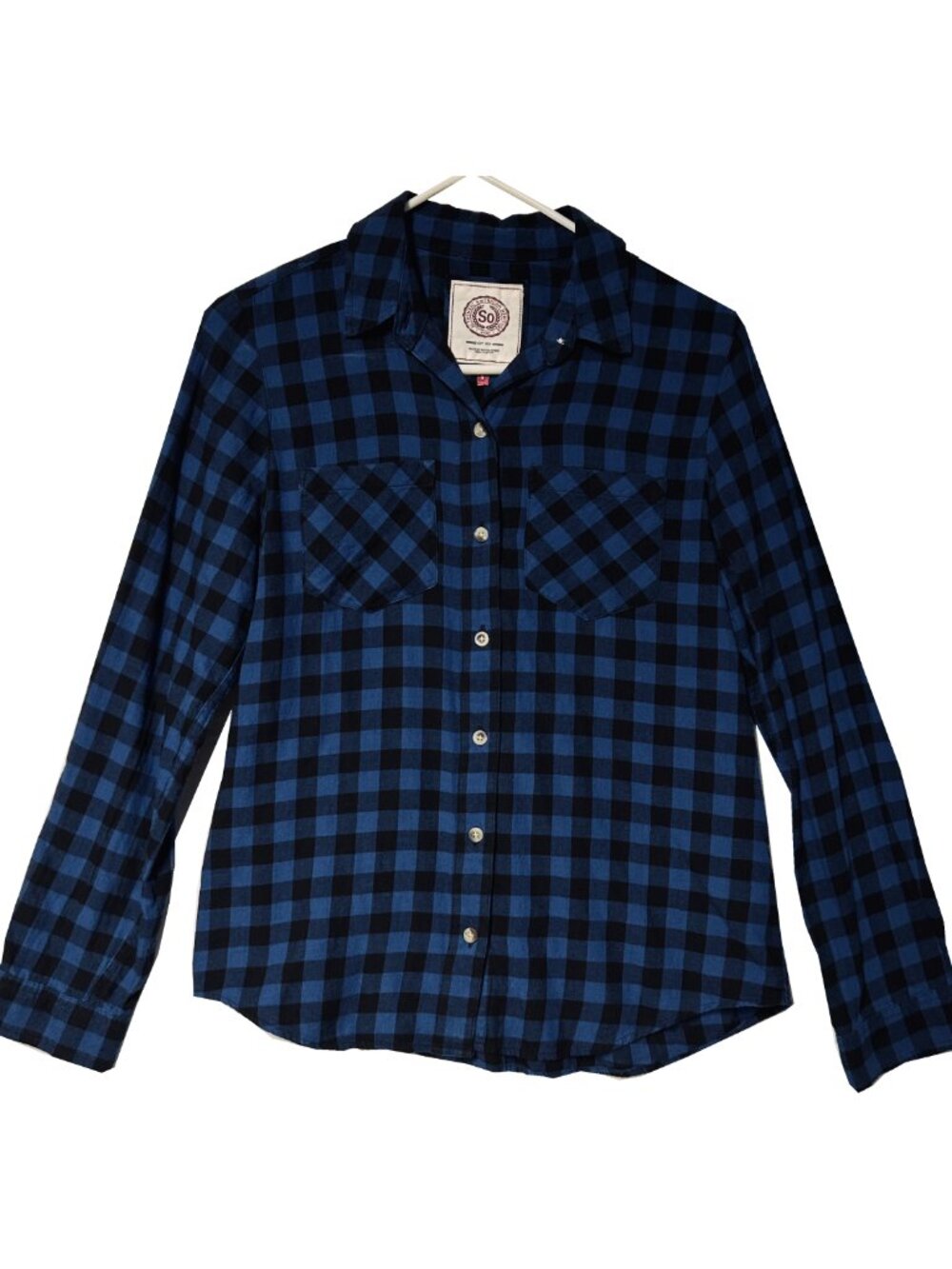 Women's So Brand Blue and Black Plaid Button-Down Flannel Shirt